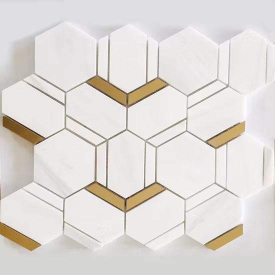 Padrões de arte a jato de água Bianco Carrara Mármore Mix Vidro Dourado Azulejo Mosaico Decorativo